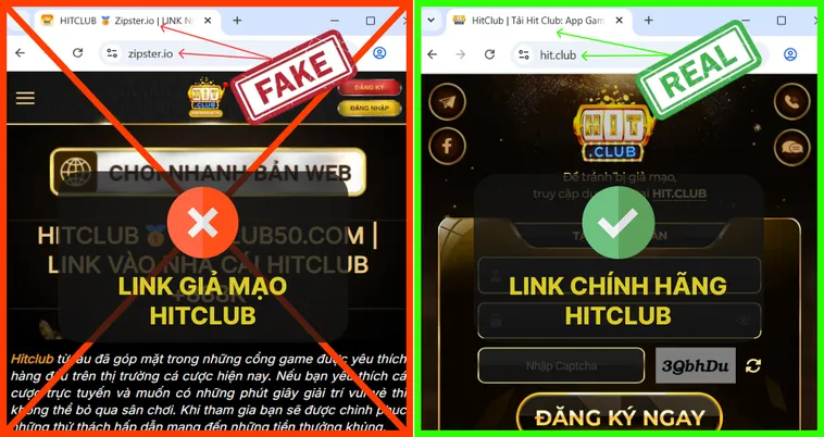 Trang chủ Hit.Club thật sử dụng HTTPS và hiện ổ khóa bảo mật, còn trang giả Hit.Club đôi khi chỉ HTTP.